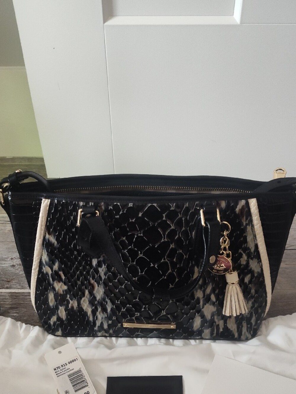 Brahmin Black & Cream Textured Shoulder Satchel with Tassel Charm - Picture 3 of 9